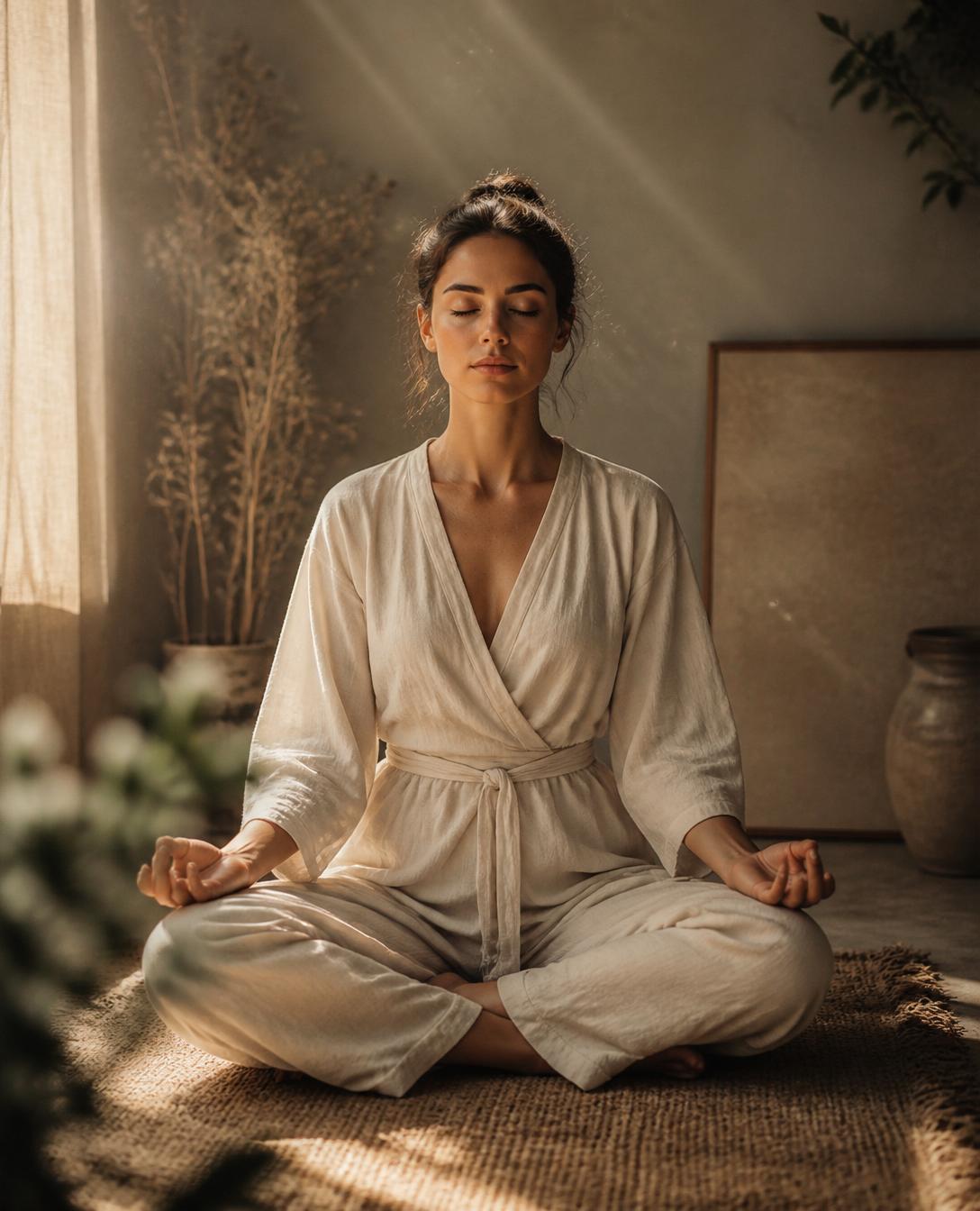 A woman in serene seated meditation in soft morning light
