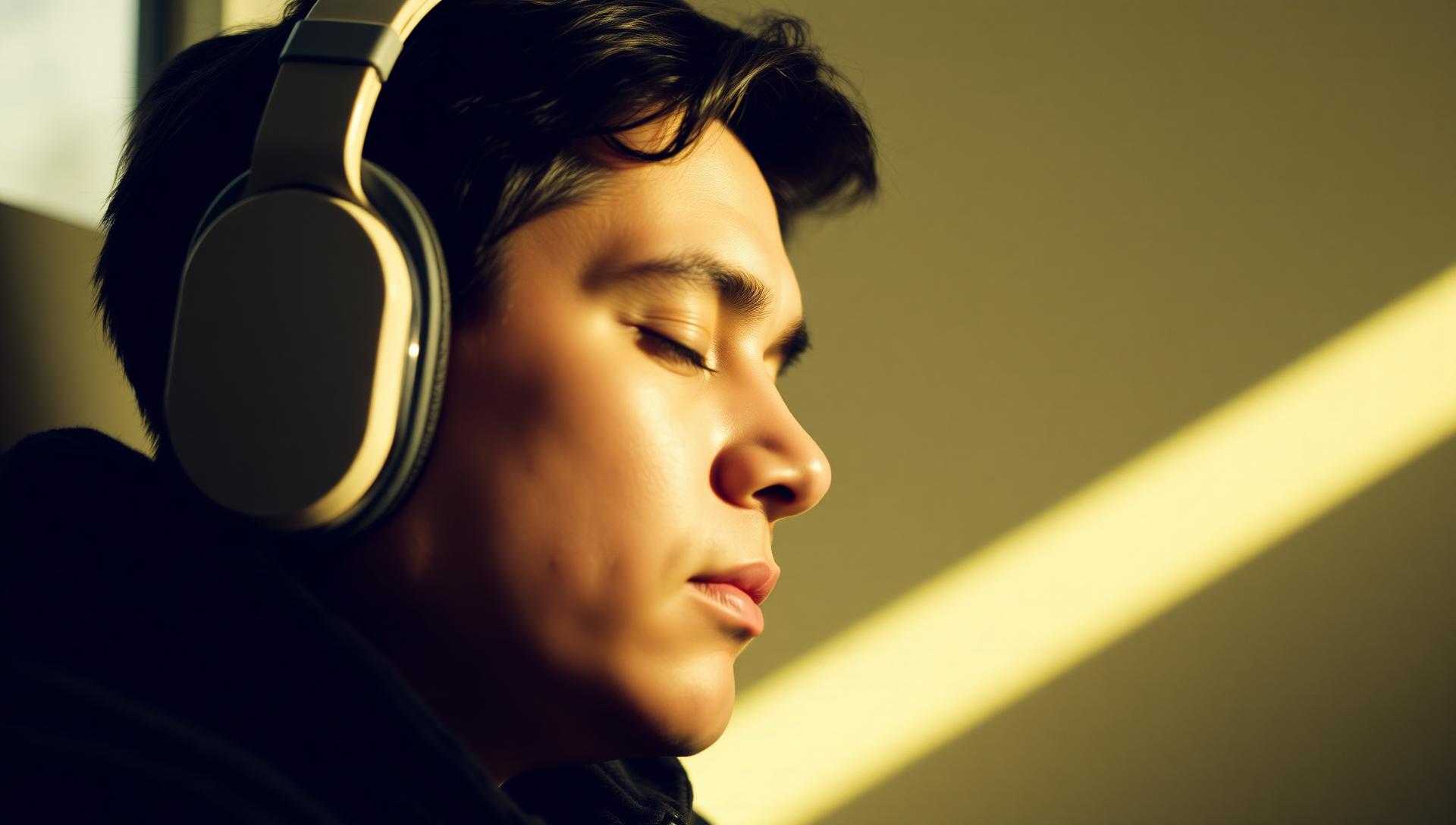 A listener with headphones absorbed in a podcast